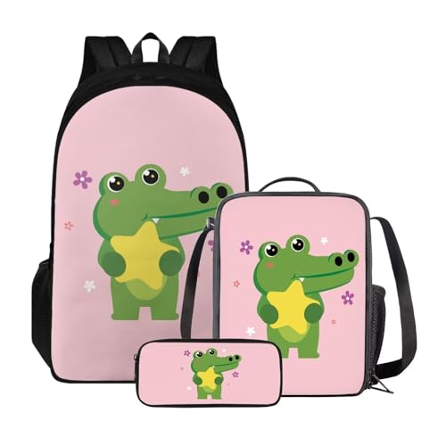 Set di 3 zaini per la scuola con borsa per il pranzo e astuccio zaino per libri universitari per studenti allaperto Stella di coccodrillo carino floreale Taglia unica Zaini Daypack