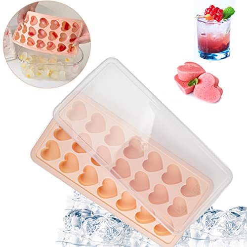 21 Cavidades Bandeja De Hielo de corazón de Silicona Moldes, Molde para Cubitos de Hielo con Tapa, Libre de BPA, Fáciles de Quitar, Cubitera de Hielo para Bebés, Cola,Cócteles, Cola, Whisky, Rosa