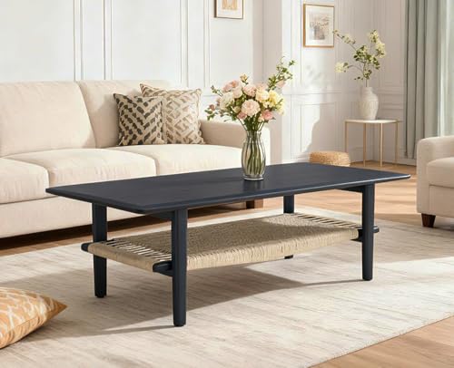 chairus Farmhouse Coffee Table Rectangular Living Room Table with Rattan
