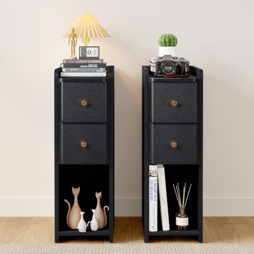 Image of Narrow Nightstand Set of 2, Wooden Small 2 Drawer Nightstand, Slim Side End Table, Skinny Bedside Table, Mid Century Modern Night Stand with Drawers for Bedroom (Black-2 pcs)