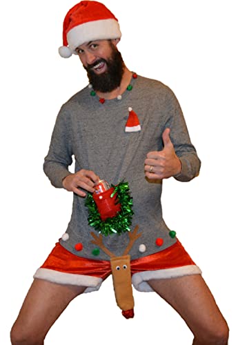 Ugly Christmas Sweater, Mens, Liquor, Beer holder, reindick, alcohol, reindeer, party pocket, contest winner (L)