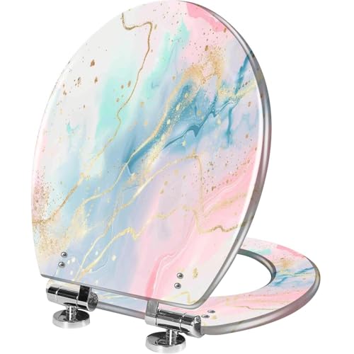 Elongated Toilet Seat Abstract two colored pink blue liquid marble gold foil Resin Toilet Seat Quietly Close Quick Release Hinges Decorative Toilet Seat with Cover Easy to Install