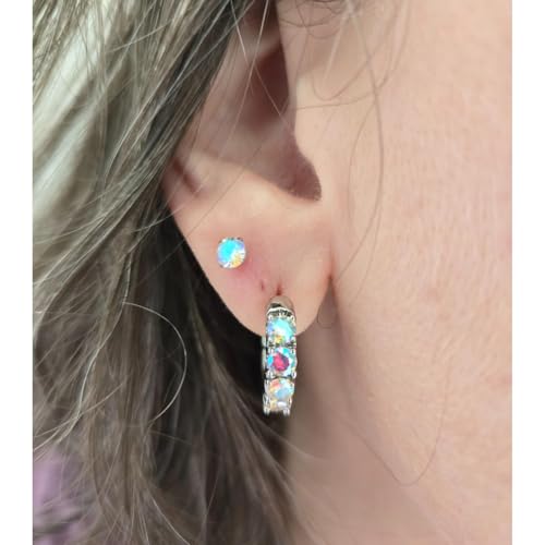 GLOQUAT Silver Plated Iridescent Huggies Earring for Women Sparkly Crystal Aura Earrings with Sterling Silver Post Aurora CZ Colorful Huggies Hypoallergenic Trendy Jewelry Gift for Birthday Wedding - Thumbnail 2