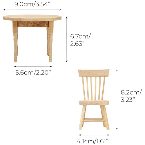 1/12 Miniature Dollhouse Round Table and 2 Chairs Dining Set, Mini Wooden Unpainted Burlywood Barbie Kitchen Furniture Accessories - Thumbnail 2