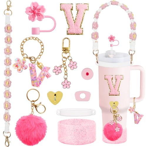 XIANGYUAN 11PCS Stanley Cup Accessories Set for Stanley Cup 30oz 40oz Tumbler with Handle,Including Straw Topper Cover Cap and Boot,Spill Proof Stopper,Handle Charm,Initials Sticker(V)