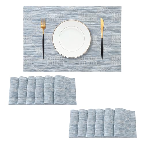 Leetaltree Jacquard Blue Placemats Set of 12 - Heat Resistant Non-Slip Place mats for Dining Table, Washable Durable PVC Vinyl Woven Table Mats（Jacquard Blue, 12） by Leetaltree - Used condition - US$25.32