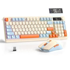 FREEWOLF T96 Clavier et Souris sans Fil, Bluetooth & 2,4G, Touches PBT, Molette Multimédia, Écran LCD, Silencieux, Anti-Ghosting, Disposition QWERTY, Rechargeable, pour Mac/Windows/Linux - Myrtille