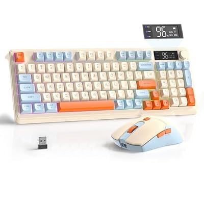 FREEWOLF T96 Smart Display Wireless Gaming Keyboard and Mouse Comb, 94Key LED Lighting Rechargeable Silent Membrane Keyboard with Knobs, 2000mAh Battery, 6-Button 4KDPI Mouse for Win/Mac(Blueberry)