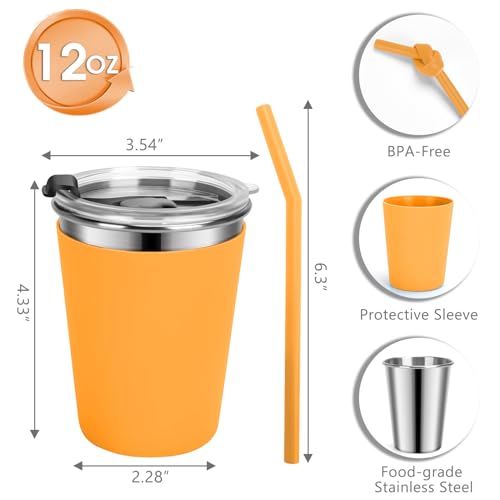 Vermida Kids Cups with Straws and Lids Leak Proof, 12oz Sippy Cups for Toddlers 1-3, 4 Pack Spill Proof Cups Stainless Steel Kids Cups with Lids for School, Outdoor