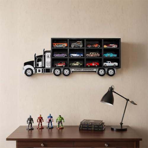 Image of Truck Shape Die Cast Car Display Shelf for 1:64 Scale Toy Cars | Wall Mount MDF Display Case & Storage Organizer | Personalized Name Option | 12 Slots | Turbo Garage 12