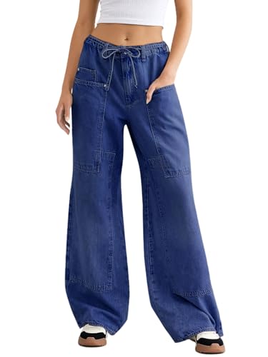 Jean large vintage femme pantalon denim taille mi-haute avec poches