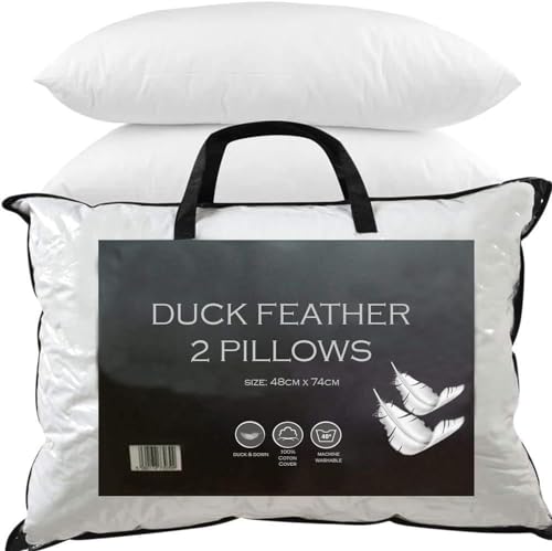 ZZZMRH Premium Duck Feather & Down Pillows - Super Comfort for Restful Sleep - Hypoallergenic, Breathable & Anti Dust Mite - 2 Pillows UK Standard Size (48x74cm)