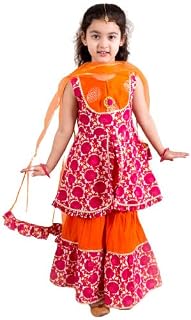 Pspeaches Girls Magenta Orange Printed Angrakha Cotton Kurta Set (Pink) Price In India