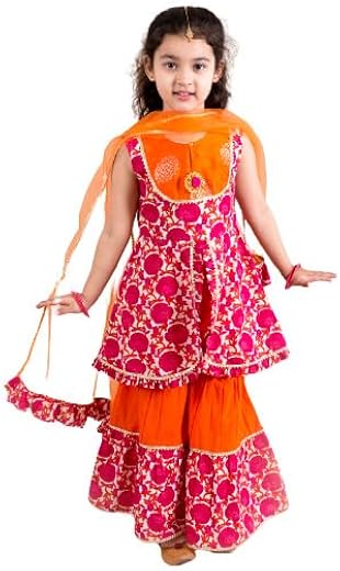 Pspeaches Girls Magenta Orange Printed Angrakha Cotton Kurta Set (Pink)
