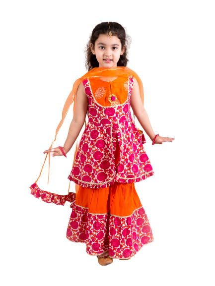 Pspeaches Girls Magenta Orange Printed Angrakha Cotton Kurta Set (Pink-4-5Y)