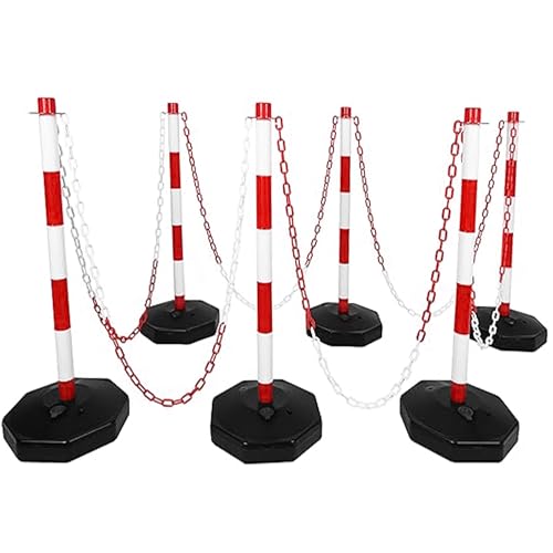 6 Traffic Safety Delineator Posts - Red and White | Height Adjustable Barrier Posts with Fillable Base and 12 Meter Plastic Chain | Portable Indoor Queue & Access Control Poles with S Connectors