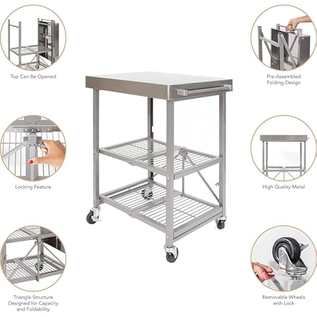 Origami RBT Foldable Kitchen Island Cart, Storage Table Organizer with Wheels, Silver-sN9F8Nev