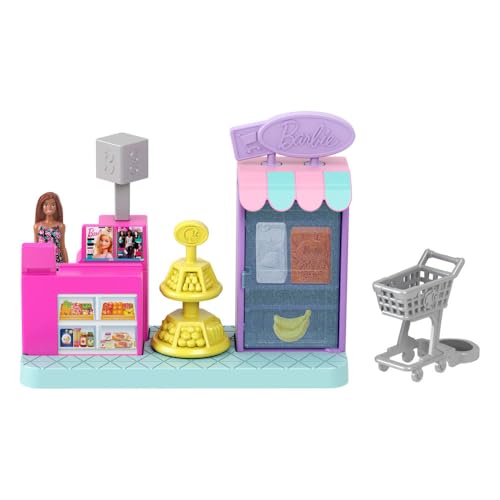 Barbie Mini BarbieLand Conjunto de juego de supermercado coleccionable, con muñeca de 3,81cm, estantes para productos, caja y carrito de la compra para jugar a contar historias, JCR33