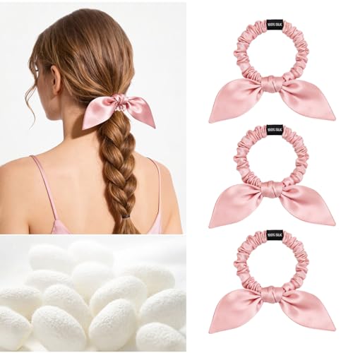 Image of THXSILK 100% Mulberry Silk Bow Scrunchies 3-Pack, 22 Momme Mulberry Silk Hair Ties for Women, Cute Bunny Ear No Damage Ponytail Holders, Fashion Hair Accessories for Girls(S, Charming Pink)