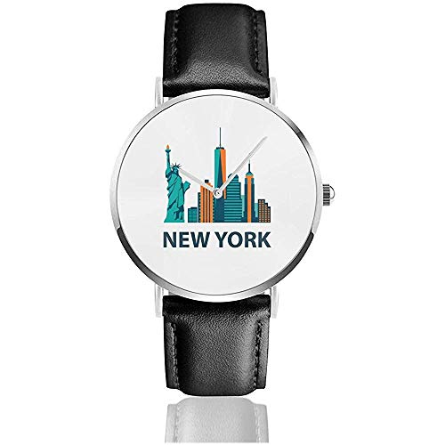 Retro-Raster-Kopie der New Yorker Architektur. Damenuhr Armbanduhren Lederarmbanduhr Schwarz