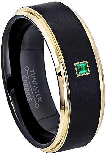 Jewelry Avalanche 0.05ctw - 0.10ctw Princess Cut Emerald Birthstone Tungsten Ring - Matte Black & Yellow Gold IP Stepped Edge Tungsten Carbide Mens Wedding Band - May Birthstone Ring - YG Bezel