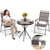 TQKVIPI 3 Piece Patio Bistro Set Folding Outdoor Dining Set for 2, Bistro Table and Chairs Set of 2 No Assembly Anti Rust Small Outdoor Bistro Sets for Lawn Backyard Balcony Poolside Deck (Brown)