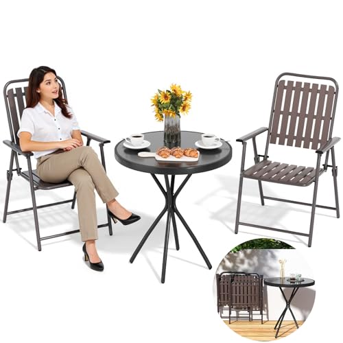 TQKVIPI 3 Piece Patio Bistro Set Folding Outdoor Dining Set for 2, Bistro Table and Chairs Set of 2 No Assembly Anti Rust Small Outdoor Bistro Sets for Lawn Backyard Balcony Poolside Deck (Brown)