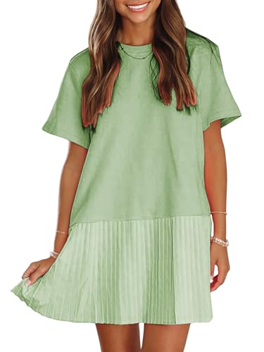 Image of EXLURA Womens Summer Casual Short Sleeve Dress Crewneck Tshirt Dresses Pleated Aline Mini Dress 2025 Vacation Beach Sundress
