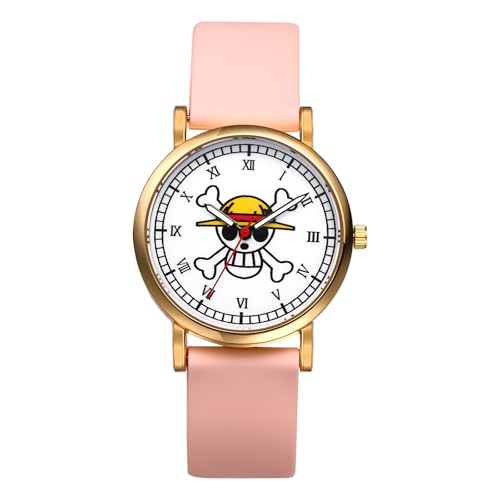 Image of JewelryWe Unisex Skull Quartz Watch: Men Women Pink Ultra Thin Anime Silicone Strap Analog Roman Numerals One Piece Dial Cute Student Wristwatch
