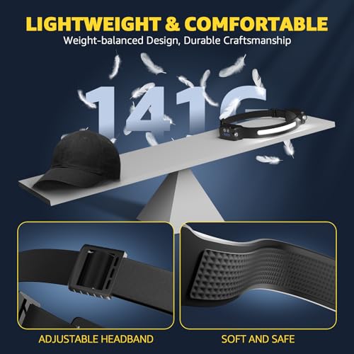 Head Torch Rechargeable, Super Bright 300° Wide Beam & Adjustable Spotlights LED Headtorch, 9 Modes Motion Sensor, 28 Hours Long Lasting, Waterproof Lightweight Headlamp for Camping Fishing Running - Image 8