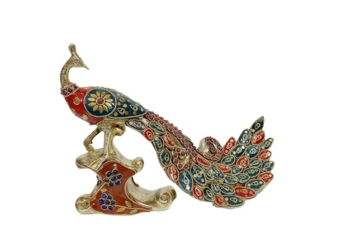 Image of Brass Vintage Peacock Figurine with Colorful Stonework 11.5-Inch - Traditional Indian Mayur Bird Statue, Majestic Tabletop Showpiece for Living Room