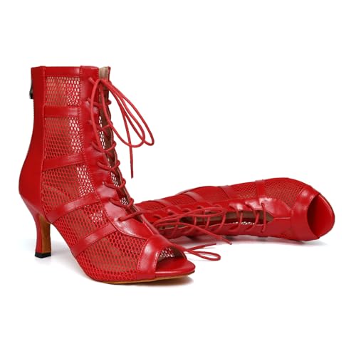 Image of AOQUNFS Women Ballroom Dance Shoes Lace-up Open Toe Ankle Boots Salsa Latin Dance Heels