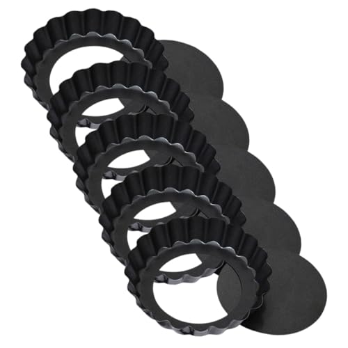 MOTHNUR 5 piezas Moldes para Tartas con Fondo Extraíble Antiadherentes Ondulados Moldes para Hornear Tartaletas y Quiches Acero al Carbono Resistente Fácil Desmoldeo Negro
