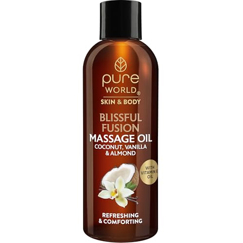 Pure World Blissful Fusion Massage Coconut & Vanilla Massage Oil 100ml Relaxing Aromatherapy Spa Body Oil Nourishing & Smoothing Moisturiser for Dry Skin Made in UK