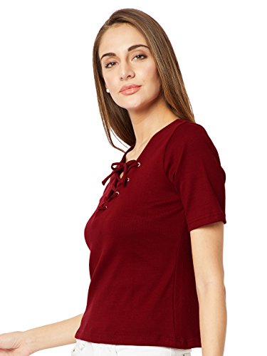 Image of Miss Chase Women's Cotton Slim Fit V Neck Criss-Cross Tie Up Top