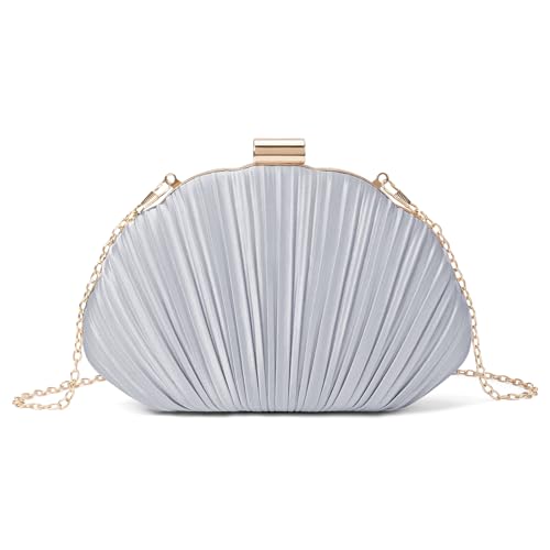 Image of RNIEGA Pleated Satin Seashell Evening Clutch Purse for Women Elegant Clutch Handbag Shoulder Bag with Chain for Wedding