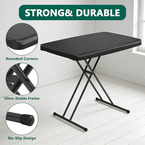 Image of 30in Folding Table, Portable Picnic Table with Adjustable Height, Foldable TV Tray Table & Laptop Desk for Small Spaces, Patio, Camping, BBQ, No Assembly Needed, Black