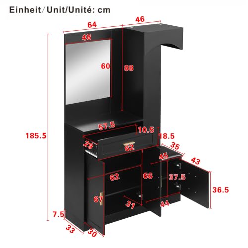 vutizal Kompaktowa garderoba czarna z lustrem, ławka do siedzenia i szafka na buty – szafka do przedpokoju o głębokości 35 cm z regulowanymi półkami, 110 x 33 x 185,5 cm