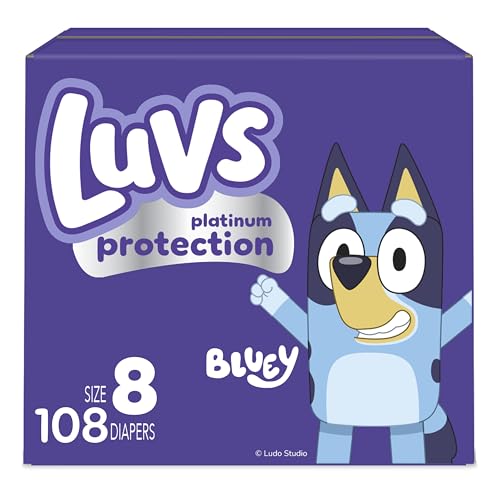 Image of Luvs Size 8 Baby Diapers, Platinum Protection Bluey Diapers for Day & Night,Size 8, 108 Count