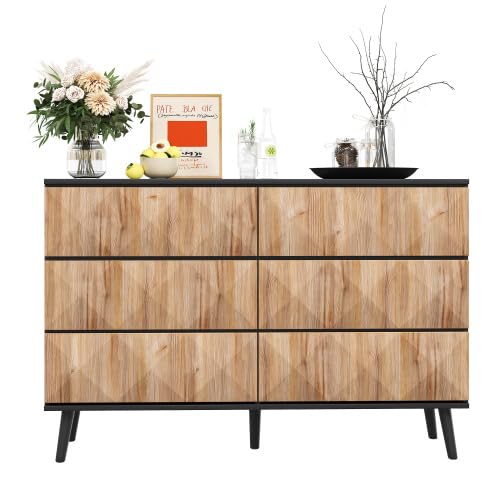 vutizal Cassettiera 120 cm con 6 cassetti, credenza in stile industriale con struttura in metallo, effetto legno nero, per camera da letto, soggiorno e corridoio