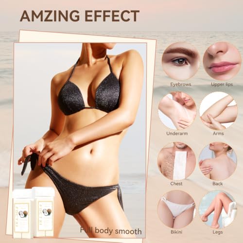 Image of Roll On Waxing Kit for Sensitive Skin - Hair Removal with 2 Coconut Soft Wax Cartridges and 100 Non-Woven Wax Strips, 10 Wipes