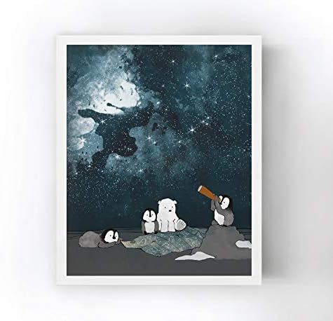 Polar Bear and Penguin Stargazing in the Arctic - Nursery Art Print