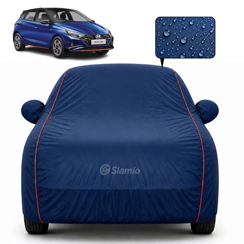 Image of Premium 100% Waterproof Car Cover for Hyundai's i20 2018-2019 Model All-Weather, UV & Dust Protection | Heavy-Duty 3-Layer Fabric | Custom Fit with Mirror & Antenna Pockets | Navy Blue