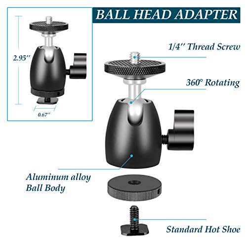 Emart Mini Ball Head Tripod Mount With 1/4 Inch Screw, Hot Shoe Base Adapter, 360 Degree Rotatable Aluminum Ballhead With Lock For Dslr Camera Light Stand Monopod Slider Included Hex Key Wrench #TOP2