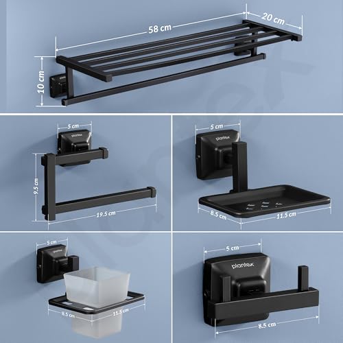 Image of Plantex 304 Grade Stainless Steel Bathroom Accessories Set of 5 - Towel Stand /Napking Holder /Soap Holder /Toothbrush Stand /Robe Hanger - Squaro (Black)