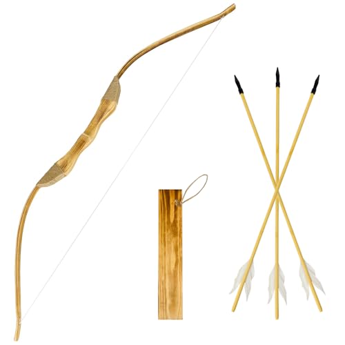Basbon Youth Wooden Bow and Arrow Set 40 Inch Handmade Wooden Bow and Arrow Cosplay Costume Prop Archery Set Games Toys 1 Bows 1 Quivers and 3 Feather Arrows Gifts for Kids Youth Boys and Girl