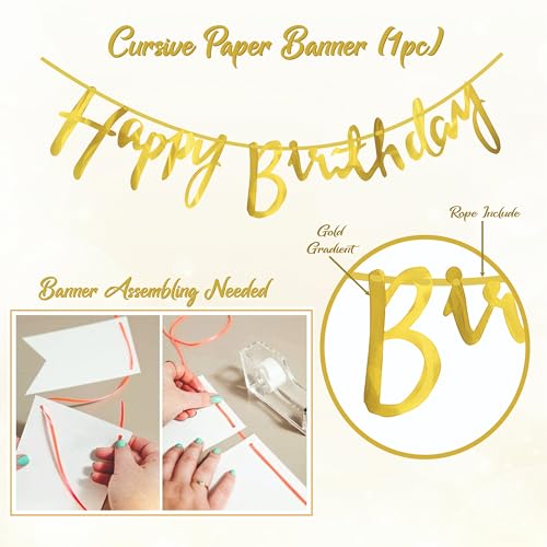 Image of Golden Cursive Happy Birthday Paper Banner with Golden confetti balloons for birthday decoration, home decoration items