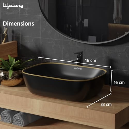 Image of Lifelong Wash Basin for Bathroom - Tabletop Washbasin - Ceramic Glossy Round Countertop Vessel Sink Ideal for Bathroom, Dining Hall & Vanity 33x46x16 cm (Black, LLHIBM05)