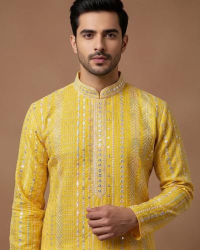 Image of Men's Pure Cotton Kurta Regular with Mandarin Collar | Printed Long Kurta for Festive, Casual