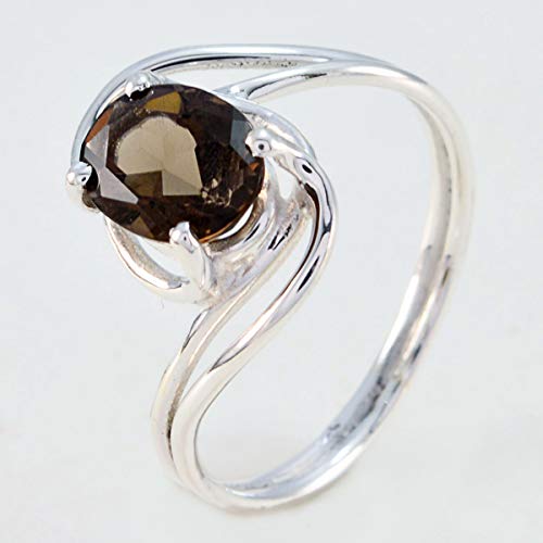Image of Genuine Gems Oval Shape One Stone Faceted Smoky Quartz rings-Solid Silver Brown Smoky Quartz Ring-January Birth Capricorn Astrology Genuine Gems Ring SRSQUFC-3171-4 us